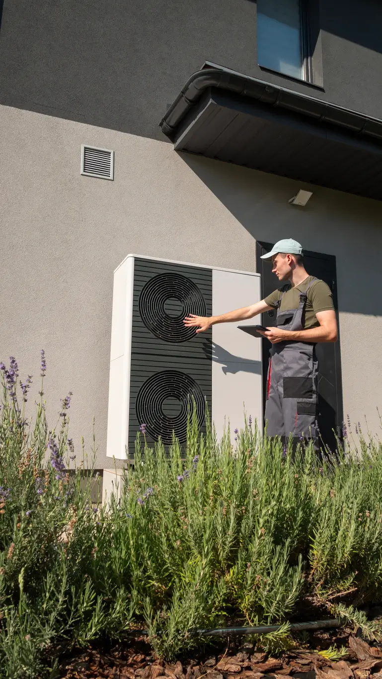 Technician adjusting a heat pump unit