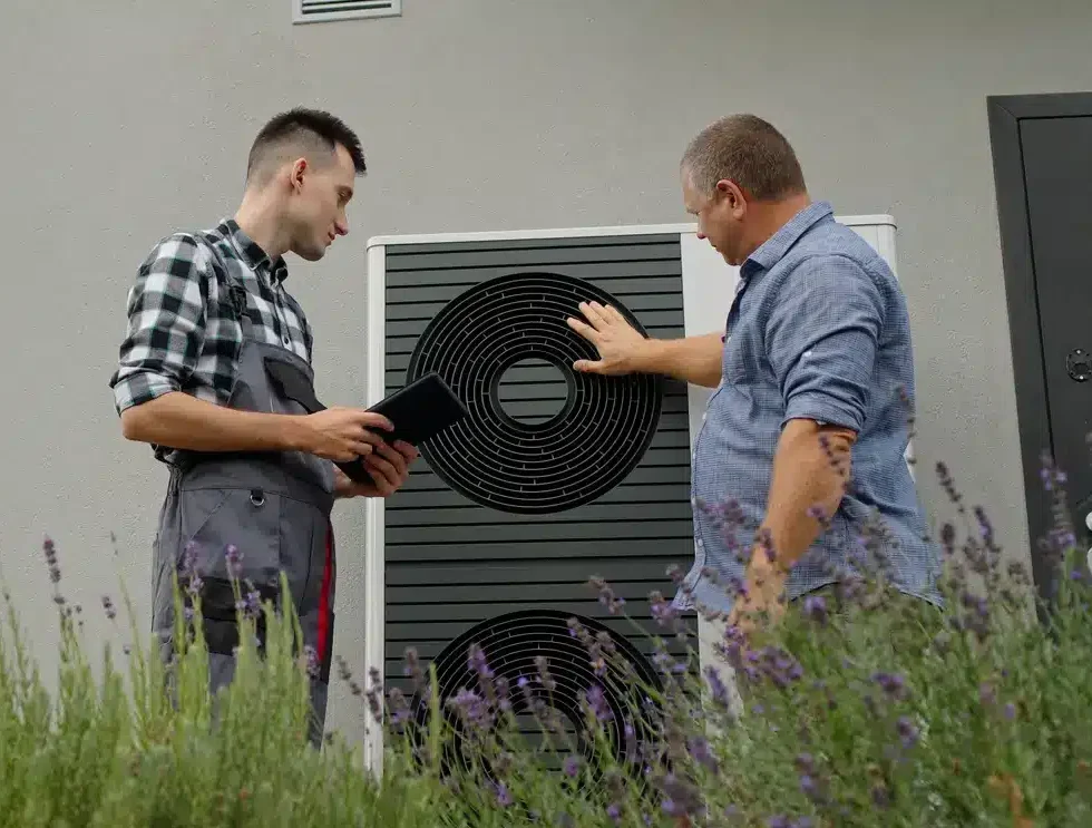 Technician and homeowner discussing heat pump maintenance
